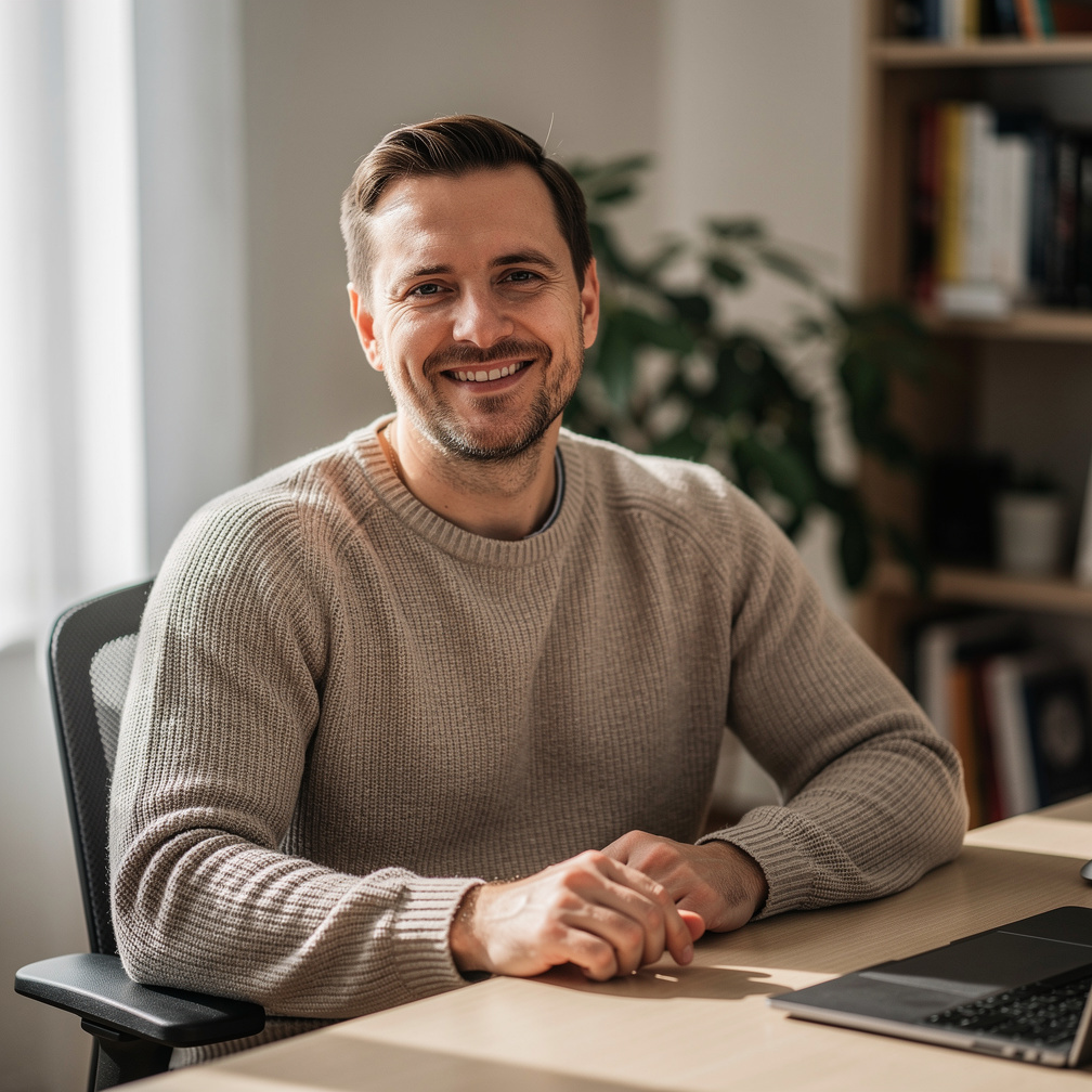 Portrait of a German man in his forties smiling at home