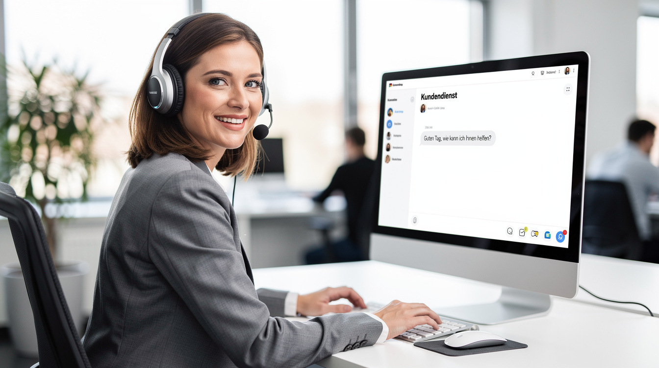 Friendly German customer support agent with headset at a desk
