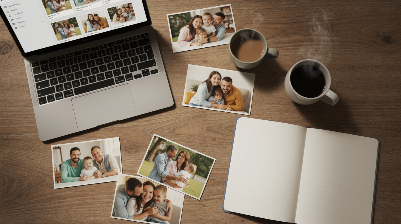 Overhead shot of a family table with printed photos, a laptop and coffee cups