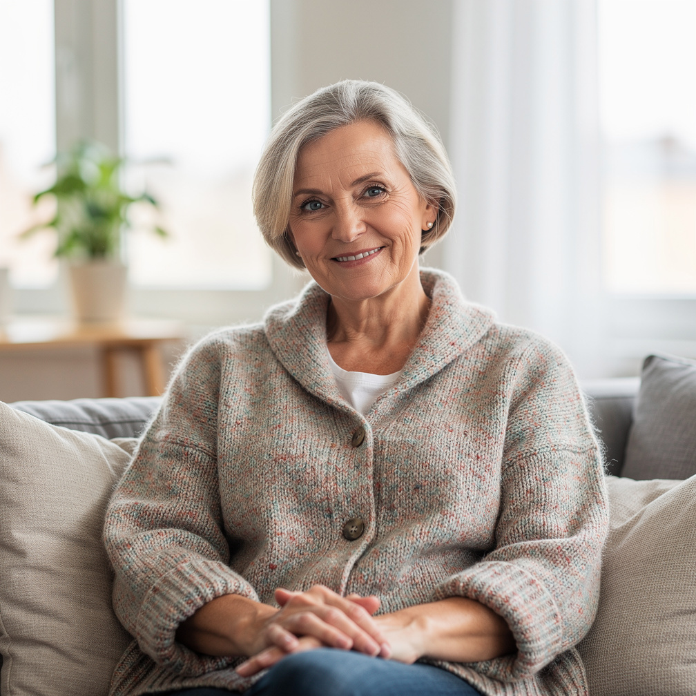 Portrait of a smiling German woman in her sixties at home