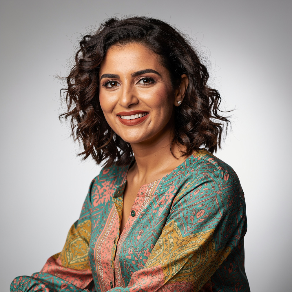 Studio portrait of a Turkish-German woman with dark curly hair smiling