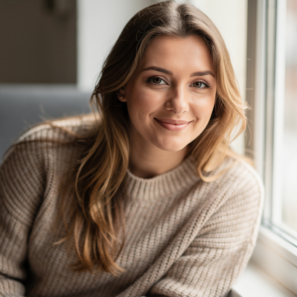 Portrait of a young German mother smiling with soft light