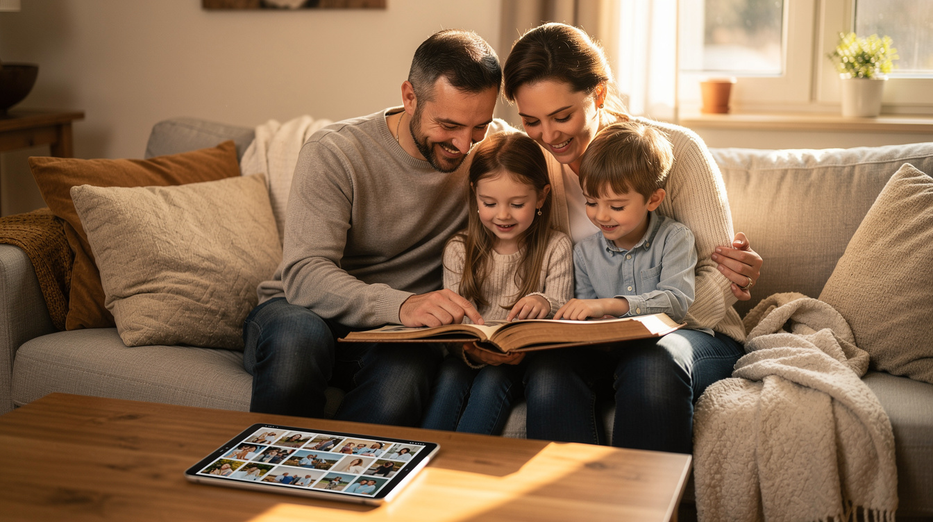 German family flipping through old photo albums together on a couch