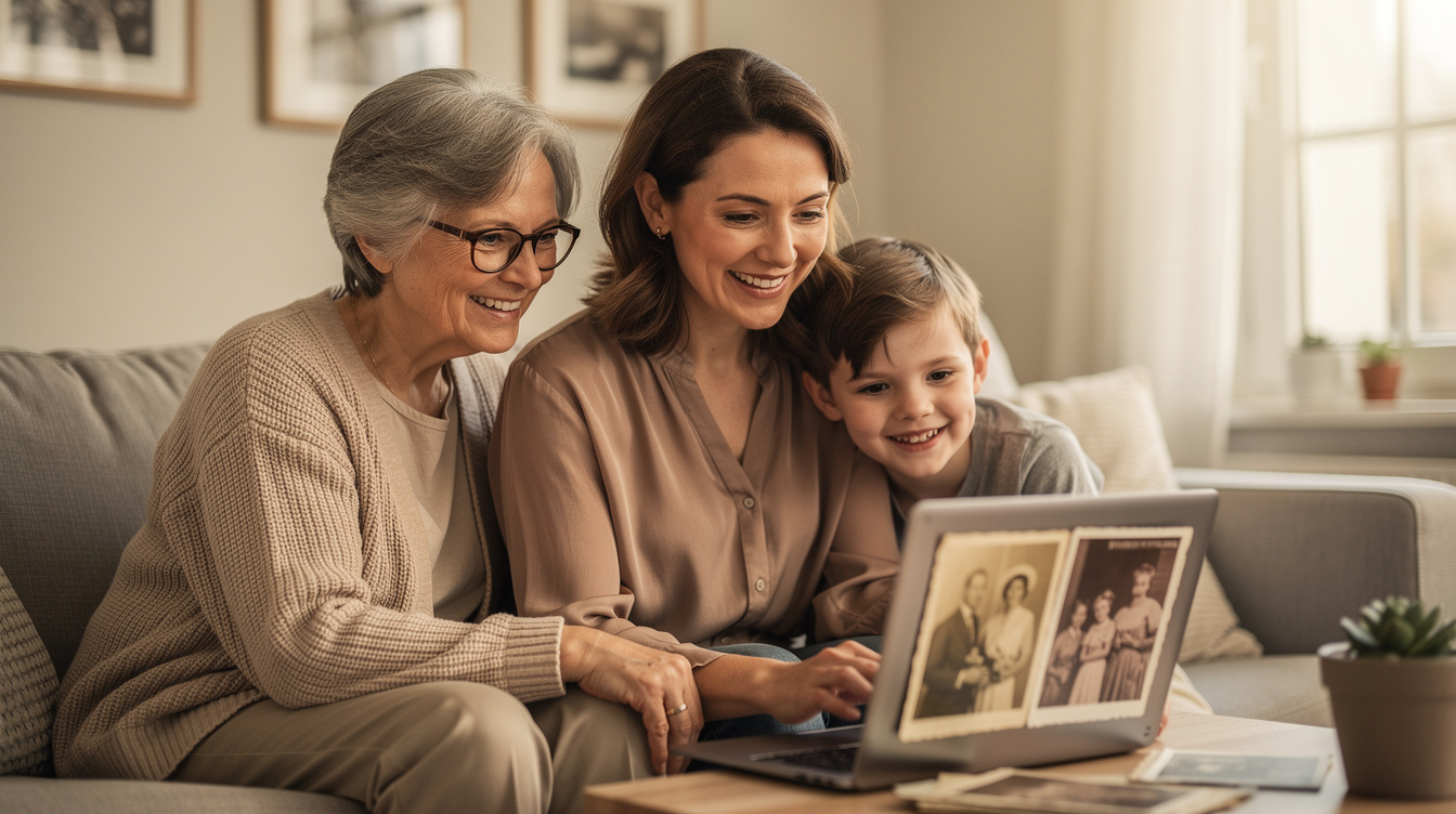 German family sitting together looking at old family photos on a laptop at home