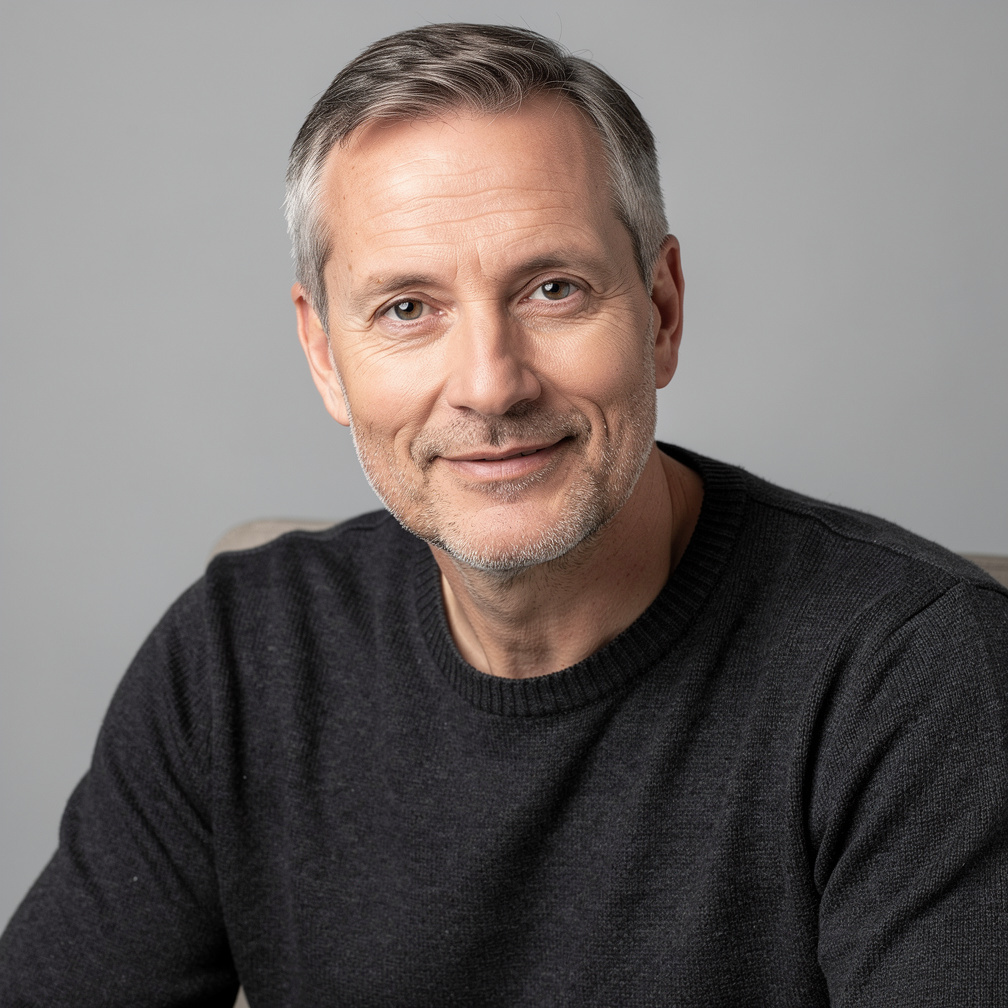 Studio portrait of a middle aged German man with grey hair
