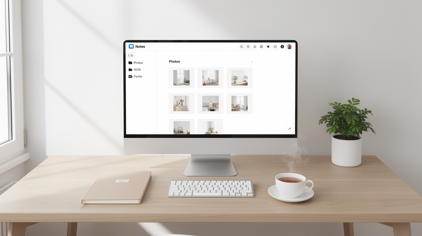 Modern home office desk with computer screen showing a photo organizing app