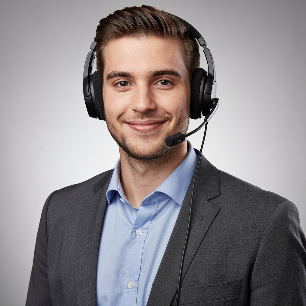 Studio portrait of a young German man with short hair and headset