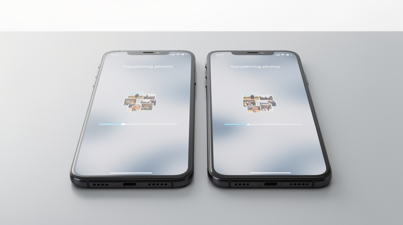 Two smartphones side by side transferring photos and files