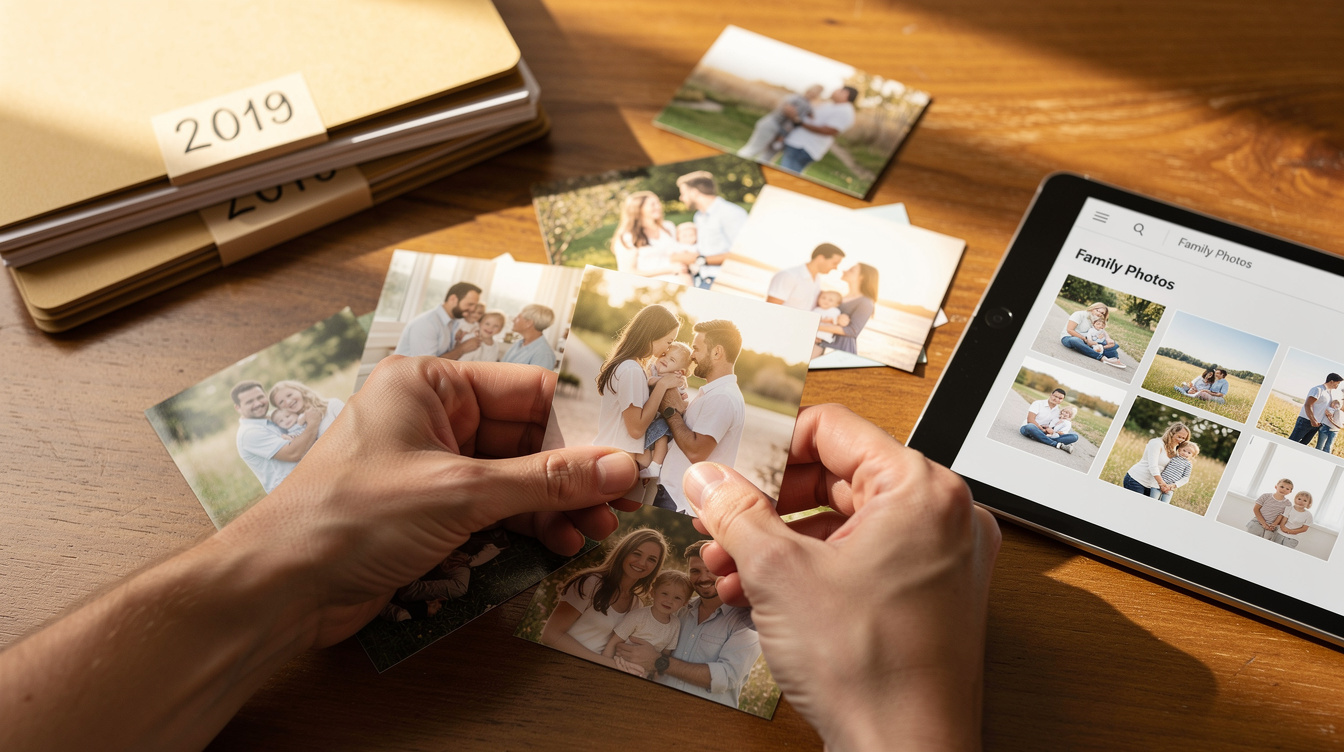 Hands sorting printed and digital family photos into folders